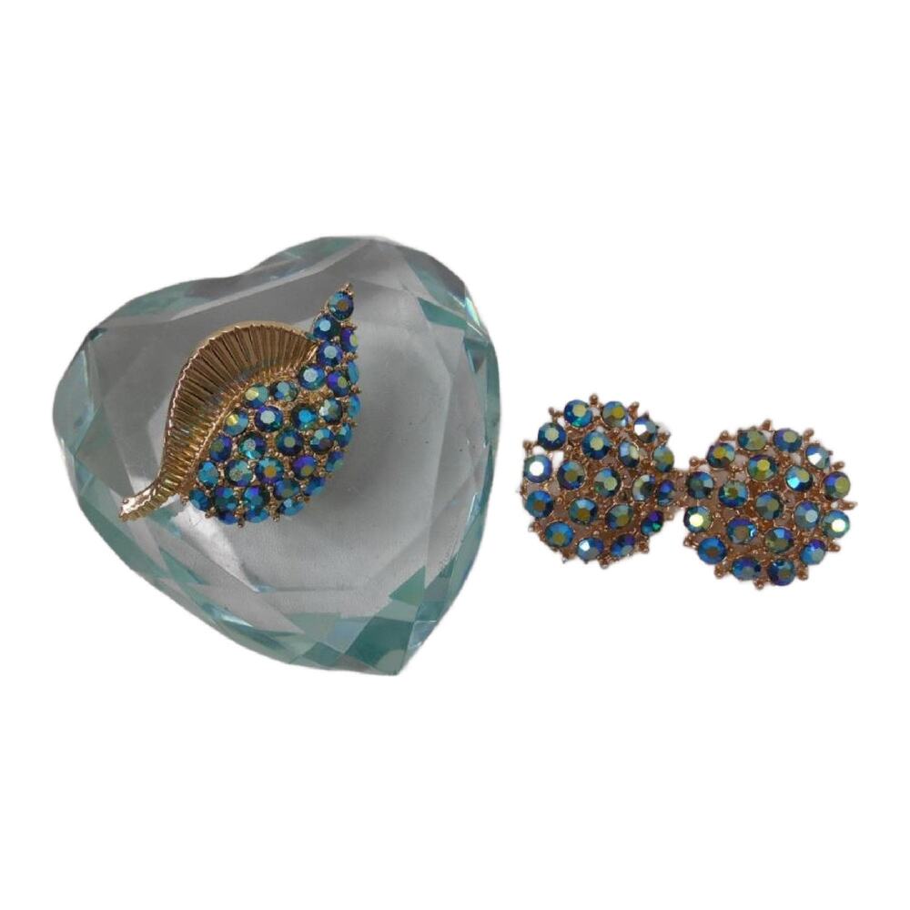 Vintage Peacock Aurora Borealis Crystal Brooch and Clip on Earring Set